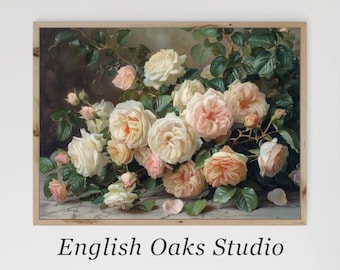 May include: A painting depicting a bouquet of pink and white roses with green leaves. The roses are arranged in a vase and the painting has a dark background.