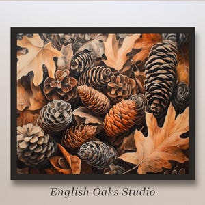 Fall neutral pinecones and wilted leaves painting | Vintage autumn pinecone decor printable wall art