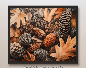 Fall neutral pinecones and wilted leaves painting | Vintage autumn pinecone decor printable wall art