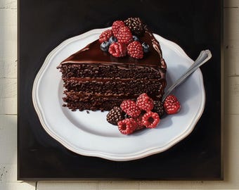 Vintage Chocolate Velvet Cake Slice Print: Moody Kitchen Wall Art