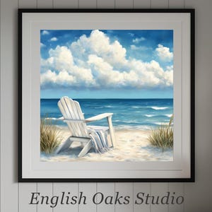 Adirondack chair with  towel on the beach painting | Adirondack chair beach decor summer coastal landscape | Cape Cod seaside wall decor