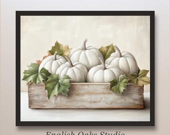 Impresión de calabazas blancas neutras: pintura vintage de bodegón otoñal