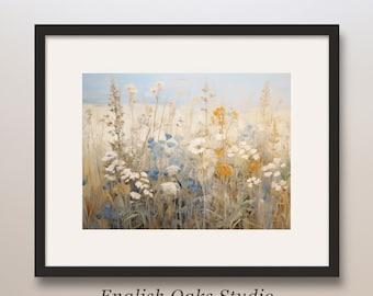 Wildflower Field Oil Painting: Vintage Farmhouse Landscape (Printable Wall Art)