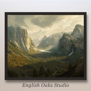 Rustic lake and forest alpine painting | Vintage moody mountain summer landscape print
