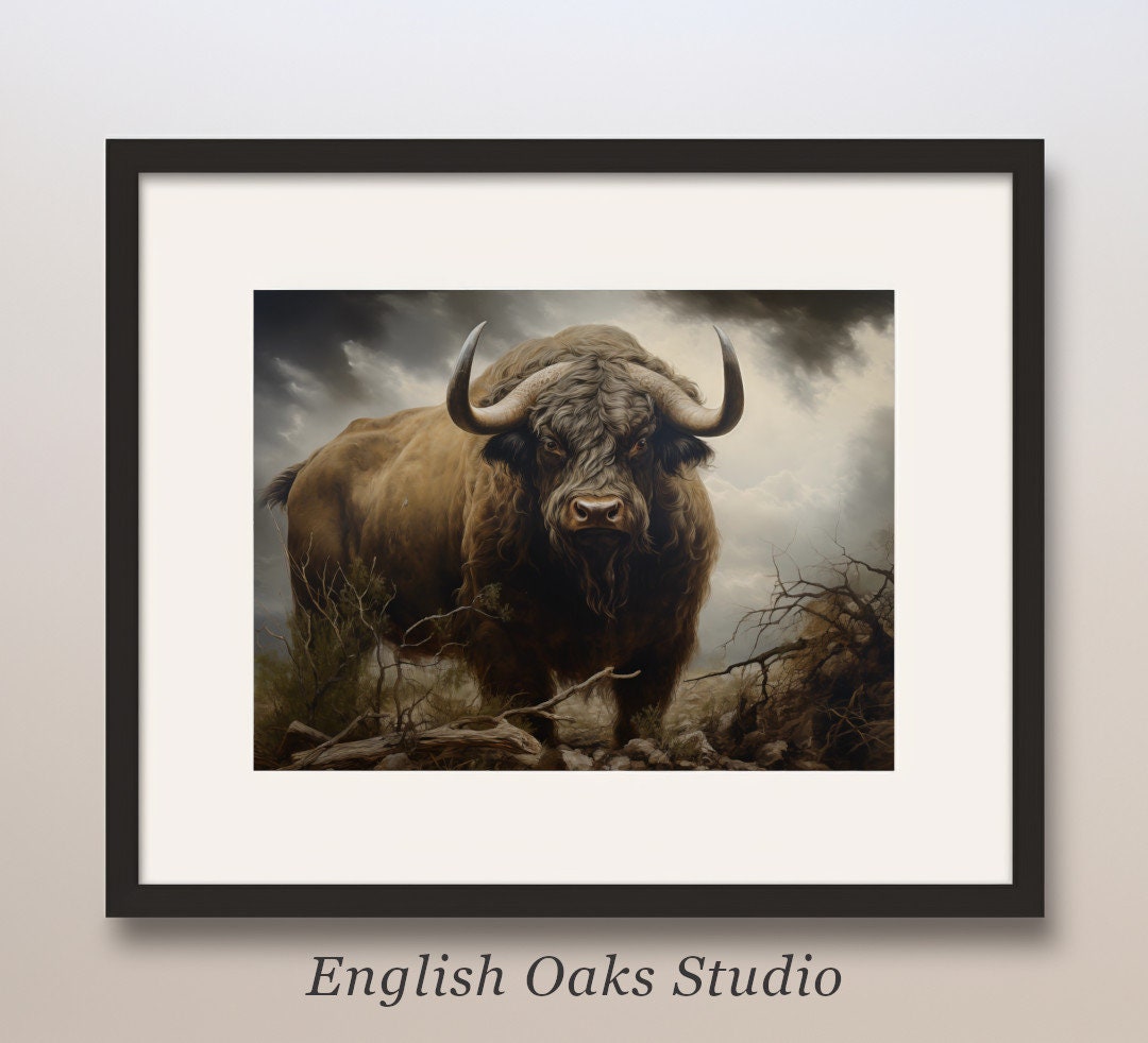 Vintage Bison Oil Painting: Moody Summer Landscape Printable Wall Art ...