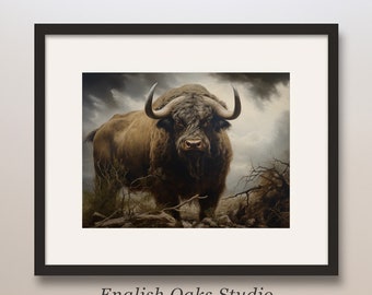 Vintage Bison Oil Painting: Moody Summer Landscape Printable Wall Art