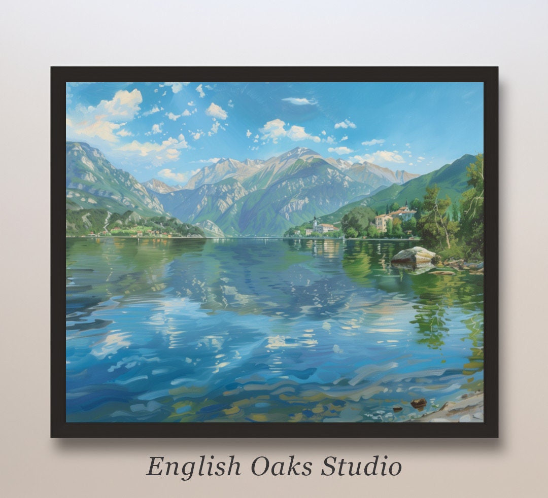 アルパイン湖の絵画：山の風景画、湖畔の家の装飾 - Etsy 日本