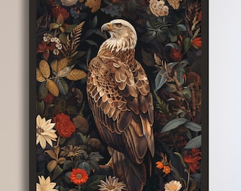 Stimmungsvoller Vintage amerikanischer Adler Blumendruck | Wildblumen Weißkopfseeadler in neutraler Farbe 03