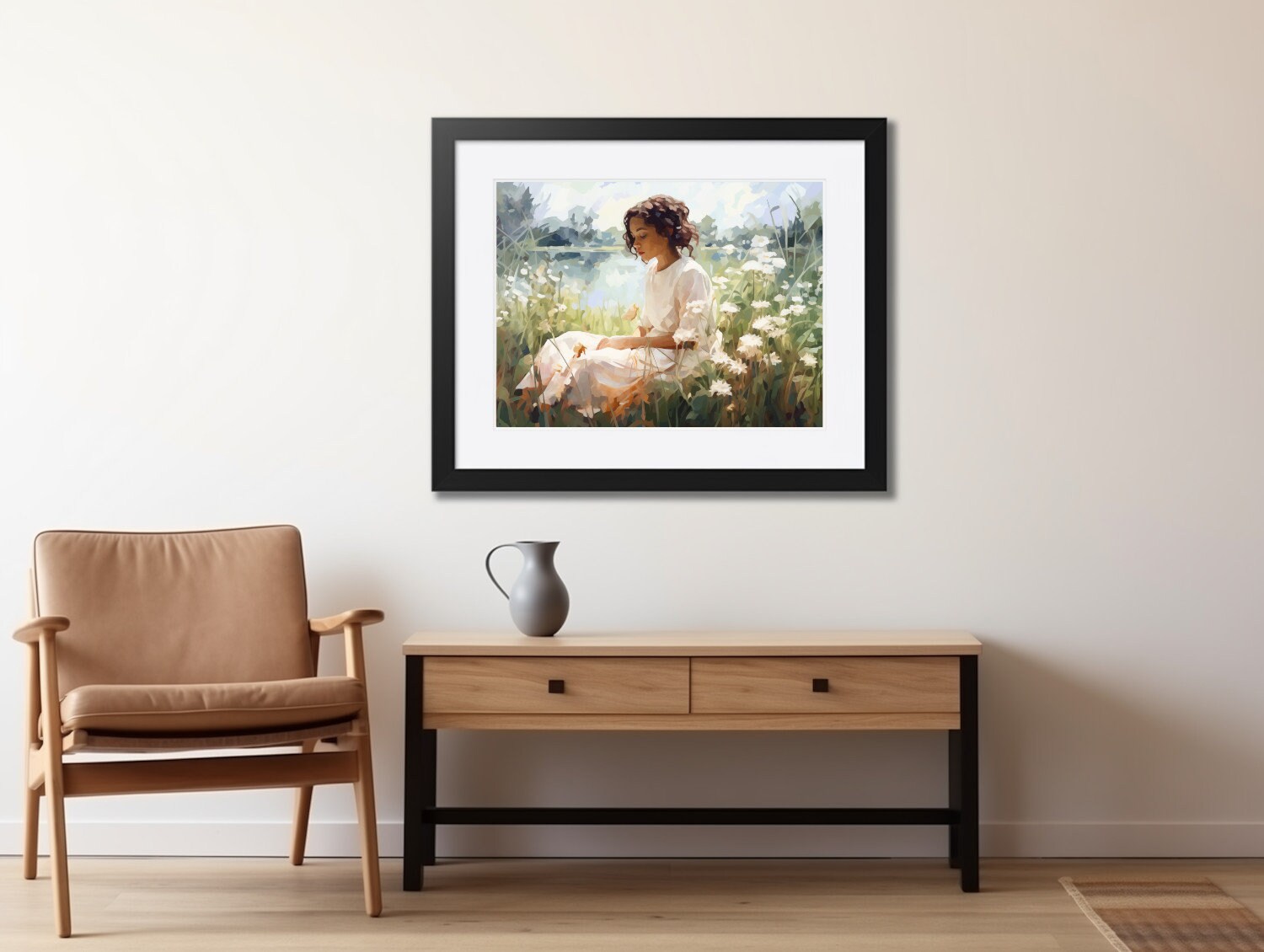 Girl in a Field of Wildflowers Art Print | Female by the Lake Painting ...