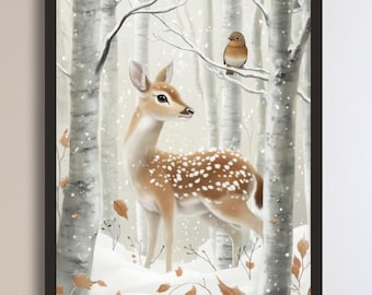 Winter Deer Nursery Print: Muted Woodland Animal Art