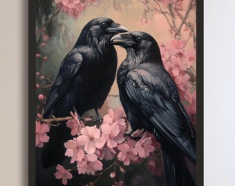 May include: Two black ravens perched on a branch with pink blossoms. The ravens are facing each other with their beaks touching. The background is a soft pink and green.
