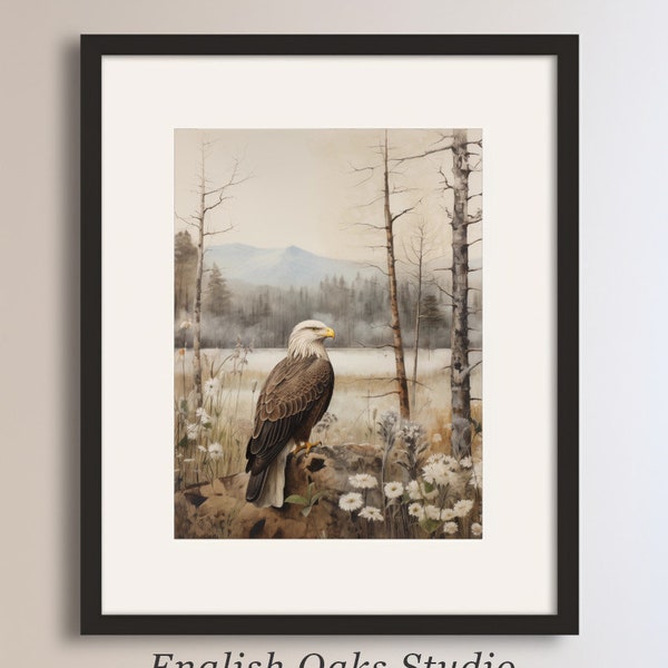 Vintage spring meadow with bald eagle in the foreground oil painting |  Retro bald eagle landscape printable wall art | 01