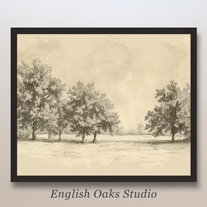 Farmhouse neutral summer landscape sketch | Vintage french countryside sketch print