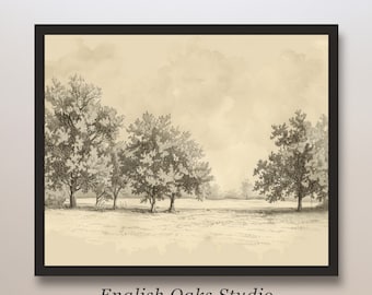 Farmhouse neutral summer landscape sketch | Vintage french countryside sketch print