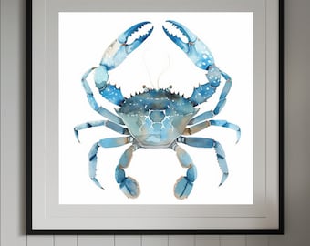 Blue crab watercolor painting  |  Crab coastal print