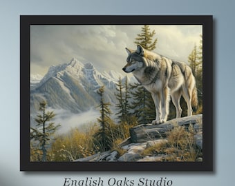 Rustiek schilderij wolf: vintage humeurige alpenbergprint
