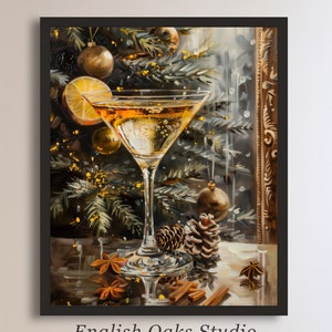 Pintura de decoración de bebida de cóctel de Navidad vintage / Impresión festiva de celebración de vacaciones de invierno de temporada