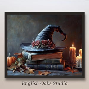 Moody vintage Halloween witch hat on books and near candles and pumpkin painting |  Rustic Goth magical books print