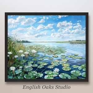 Lotus flower painting  | Water lilies in a pond print | Summer Flower landscape wall art