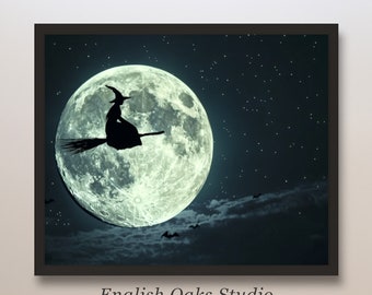 Dark spooky season witch on a broom full moon decor | Witch Halloween painting