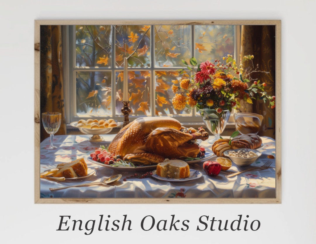 Vintage Fall Thanksgiving Turkey Dinner Table Painting | Rustic Autumn ...