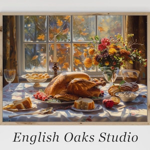 Vintage fall Thanksgiving turkey dinner table painting | Rustic autumn kitchen print
