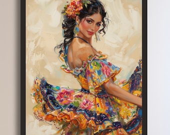 Puede incluir: Una pintura de una mujer con un vestido colorido y floral con una flor en el pelo. Ella está mirando al espectador con una sonrisa. El fondo es de color beige claro.