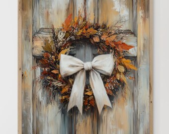 Rustic antique front door fall wreath with white bow painting | Farmhouse autumn wreath print