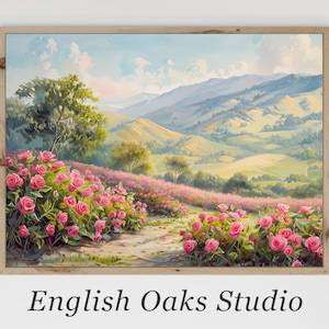 Rose garden print | Summer landscape with roses wall art | 01