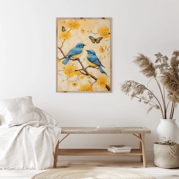 青い鳥の油絵：黄色い花と蝶のアートプリント - Etsy 日本