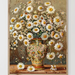 Moody vintage daisies in a vase painting | Antique floral still life print
