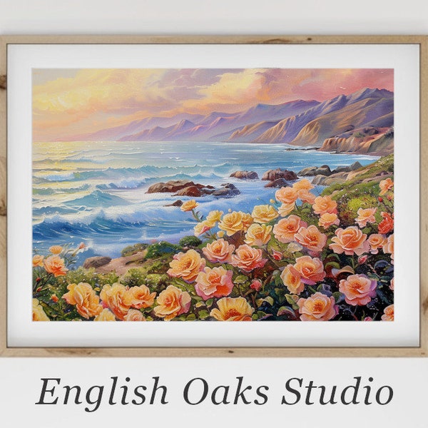 Seaside yellow rose garden painting | Coastal English rose garden print