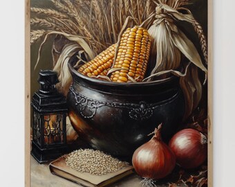 Fall Harvest Still Life Painting: Rustic Corn, Wheat, Onions Print