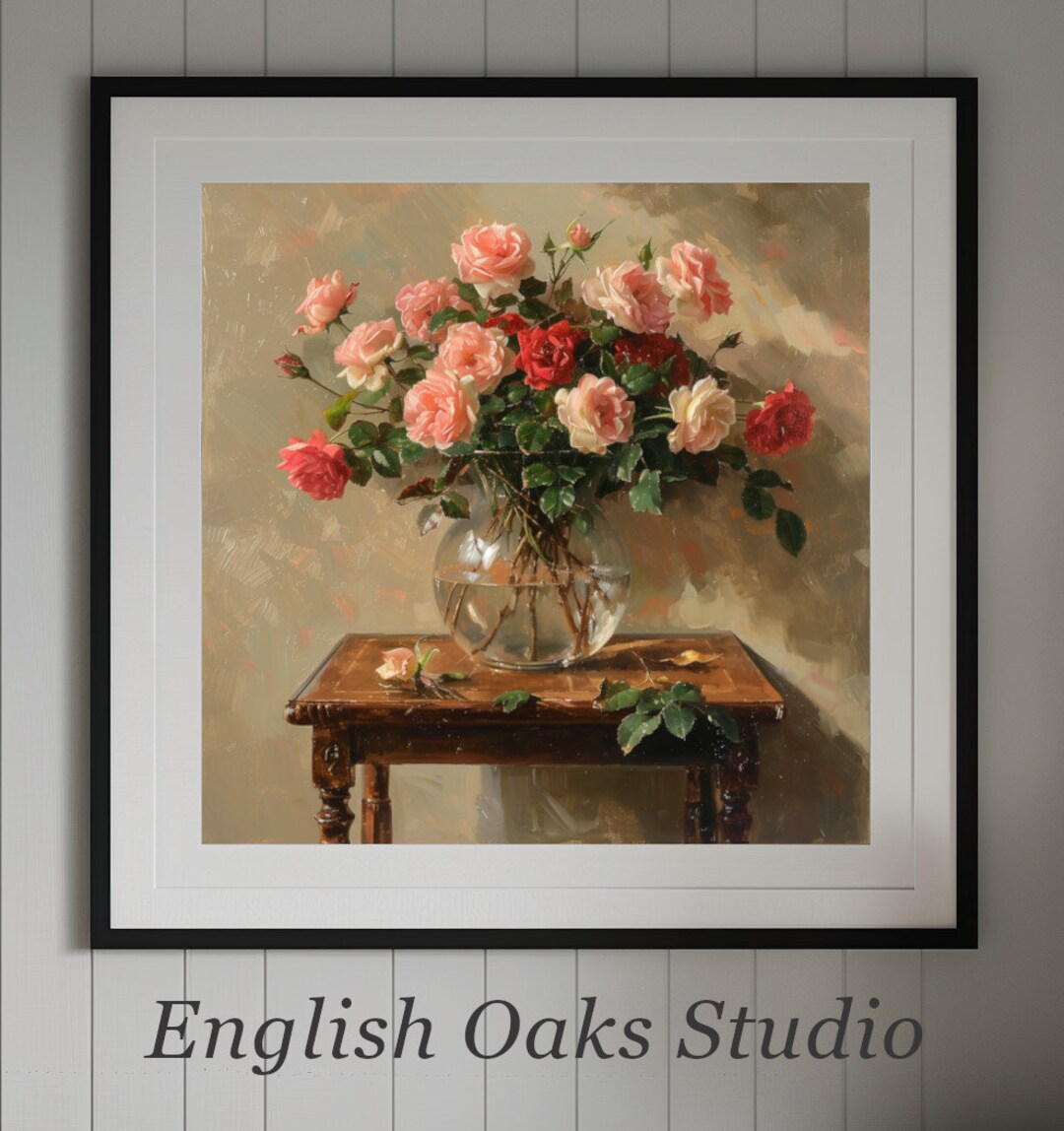Moody Vintage Pink Roses in a Clear Vase Painting | Antique Floral ...