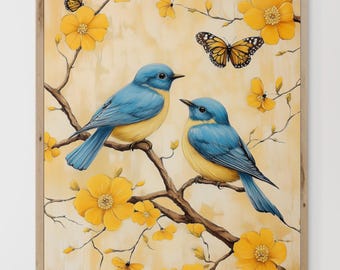 青い鳥の油絵：黄色い花と蝶のアートプリント - Etsy 日本