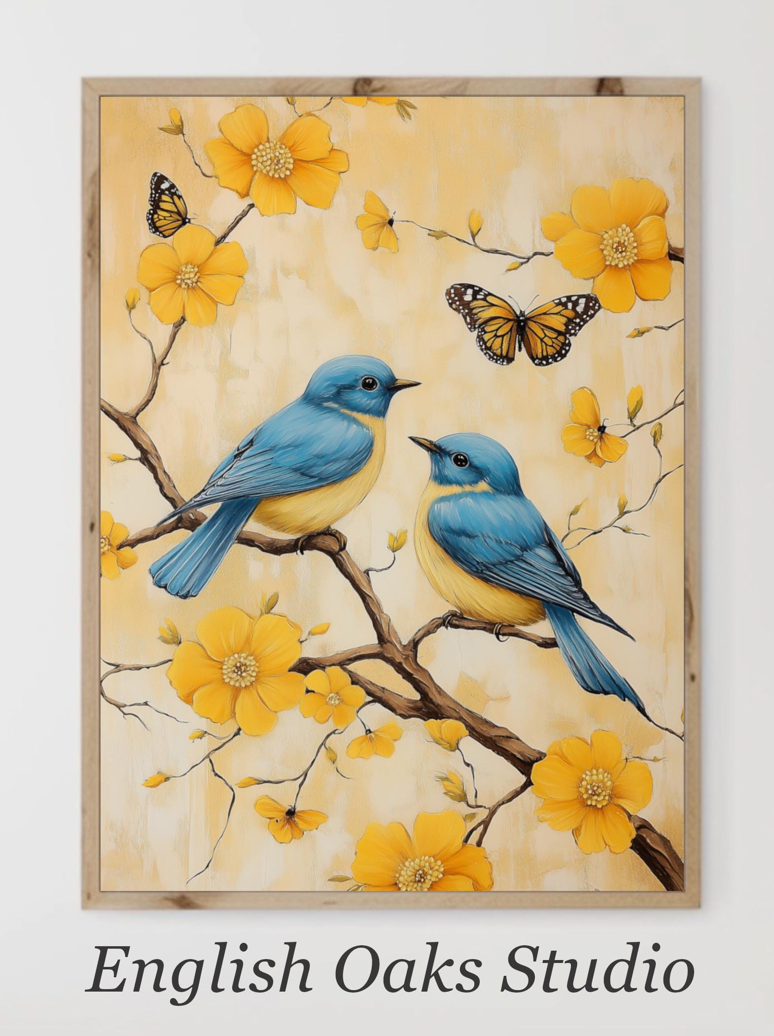 青い鳥の油絵：黄色い花と蝶のアートプリント - Etsy 日本