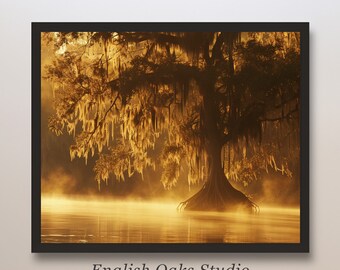 Swamp Cypress Tree Sunset Print: Spanish Moss Bayou Art