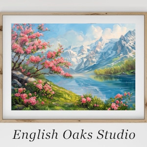 Mountains with pink rhododendron flowers blooming around the shore painting | Summer landscape with blooming flowers painting