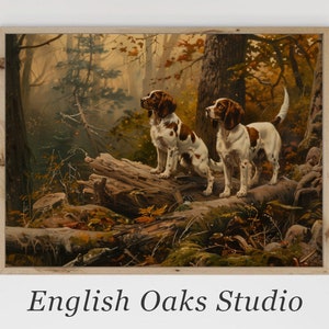 Hunting dogs in forest neutral painting | Vintage hunting dogs summer landscape print