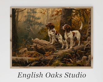 Vintage Hunting Dogs Print: Neutral Forest Landscape Painting