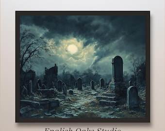Impresión de cementerio embrujado: Arte mural gótico de Halloween de Dark Academia