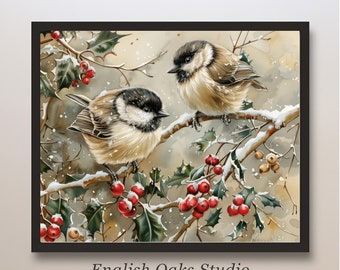 May include: Two brown and white birds perched on a snowy holly branch with red berries. The birds are facing different directions and have black eyes. The background is a light brown watercolor wash.