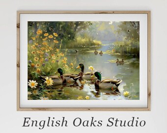 Spring Ducks Pond Art: Vintage Farmhouse Nursery Print