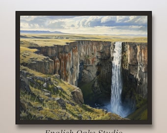 Summer waterfall landscape painting | Mountain waterfall print