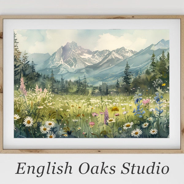 Alpine wildflowers in summer landscape print | Flowers in a forest clearing with mountains in the background painting
