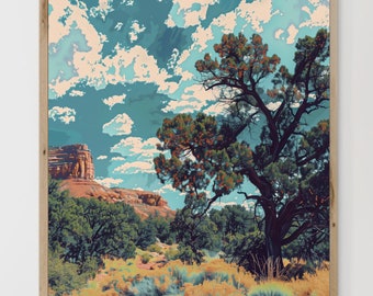 May include: A digital painting of a landscape with a large tree in the foreground, a red rock formation in the background, and a blue sky with white clouds. The tree has a dark trunk and green leaves with orange accents. The rock formation is a reddish-brown color. The sky is a light blue color with white clouds.