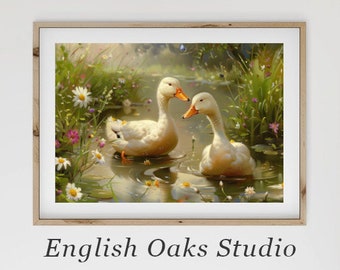 Spring Ducks Pond Art: Vintage Farmhouse Nursery Print