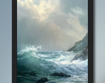 Moody rustic coastal print | Vintage seascape painting 01