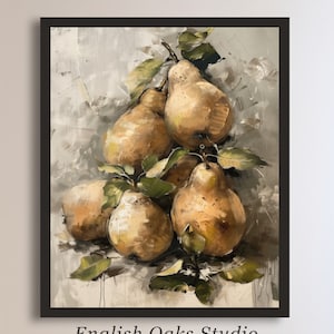 Vintage moody neutral pears painting |  Farmhouse antique fruit wall art print 01