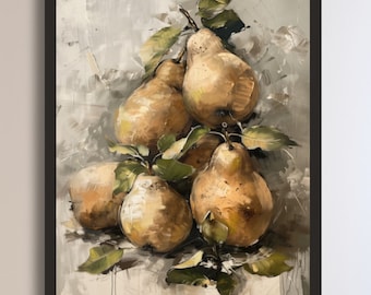 May include: A painting of a still life featuring a cluster of five ripe pears with green leaves, rendered in a realistic style with a textured, brushstroke effect. The pears are arranged in a pyramid shape, with the largest pear at the top and the smaller pears at the bottom. The background is a muted gray with subtle brushstrokes.